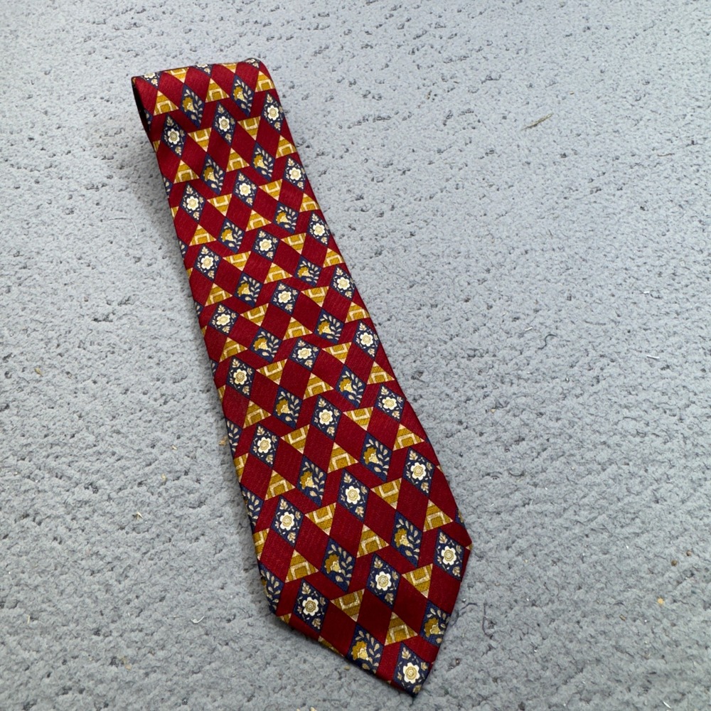 Vintage Valentino Tie Mens Red Gold Geometric Floral Silk Handmade Italy Necktie